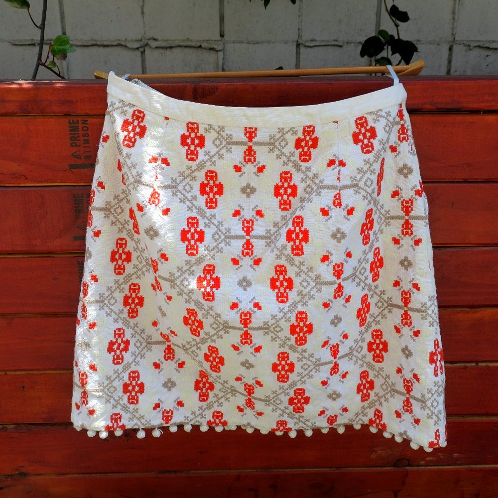 Anthropologie White and Red Embroidered Boho Skirt